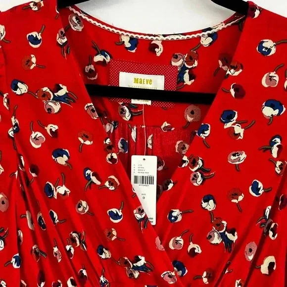 NWT Anthropologie by Maeve Red Long Sleeve Faux Wrap Dress Size 0 - Picture 5 of 10